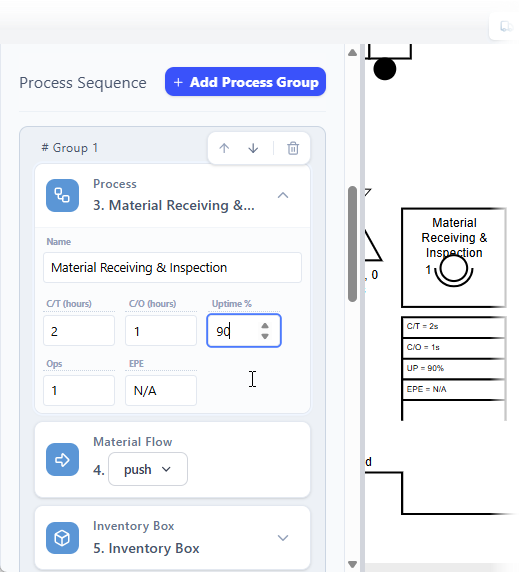 The content of the value stream mapping can be edited via the configuration pane on the left. - Professional online diagram m