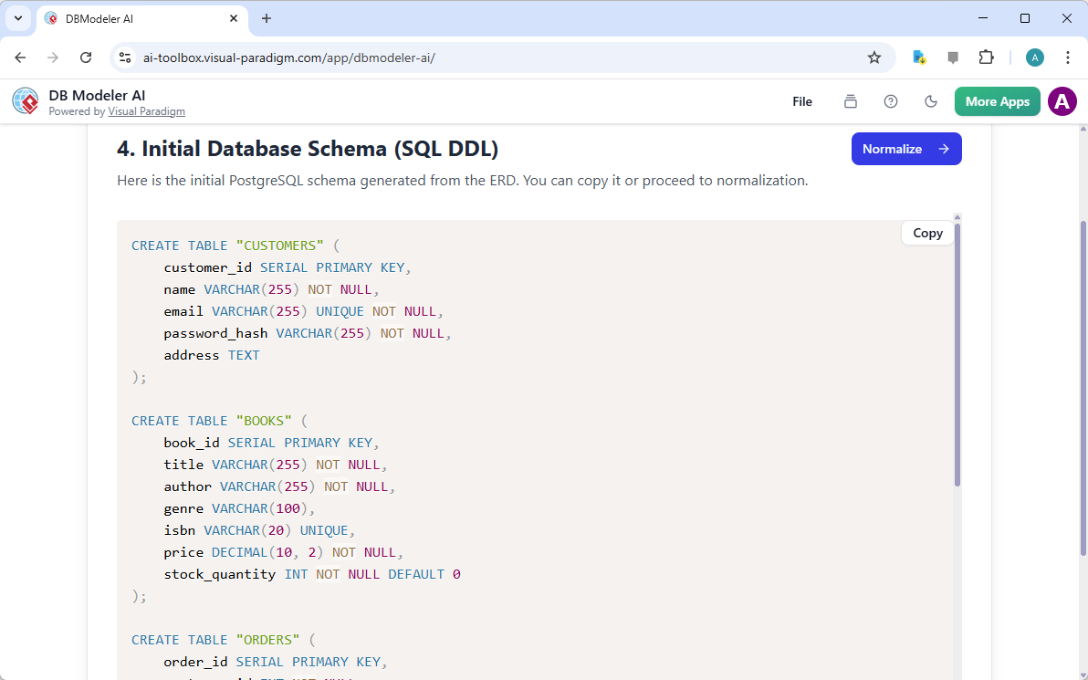 This is a screenshot of Visual Paradigm's AI-Powered database design app, for step 4. It shows the AI-generated database sche