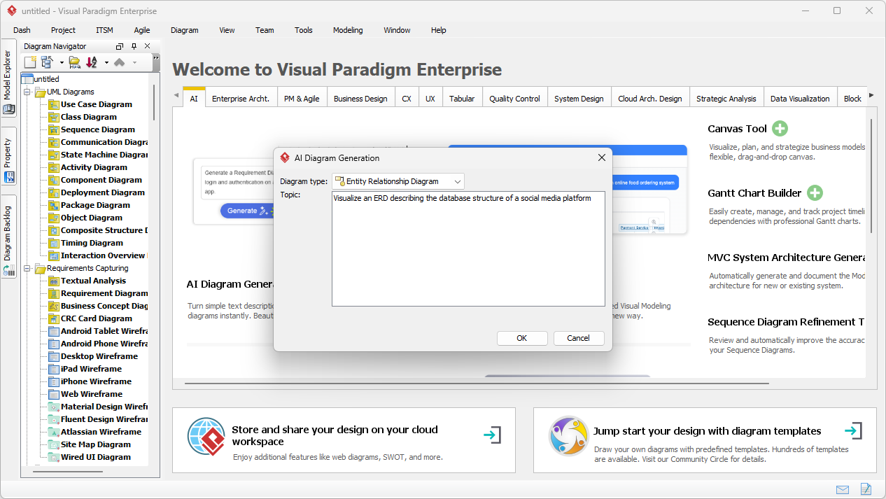 This is a screenshot of Visual Paradigm (aka. Visual Paradigm Desktop). It is now showing the use of AI diagram generation to