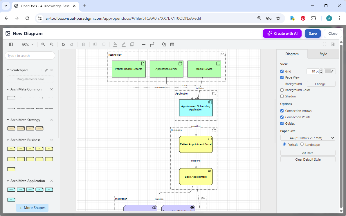 Editing an ArchiMate generated by the AI diagram generation tool in Visual Paradigm's OpenDocs