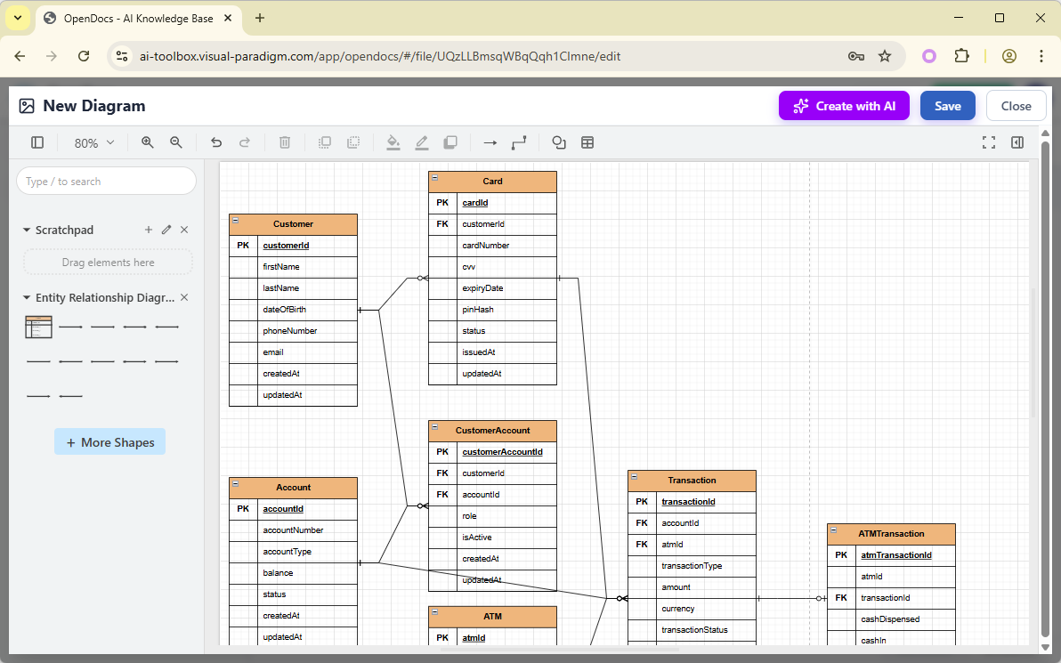 Editing a ER diagram in Visual Paradigm OpenDocs, generated by its AI Diagram Generator