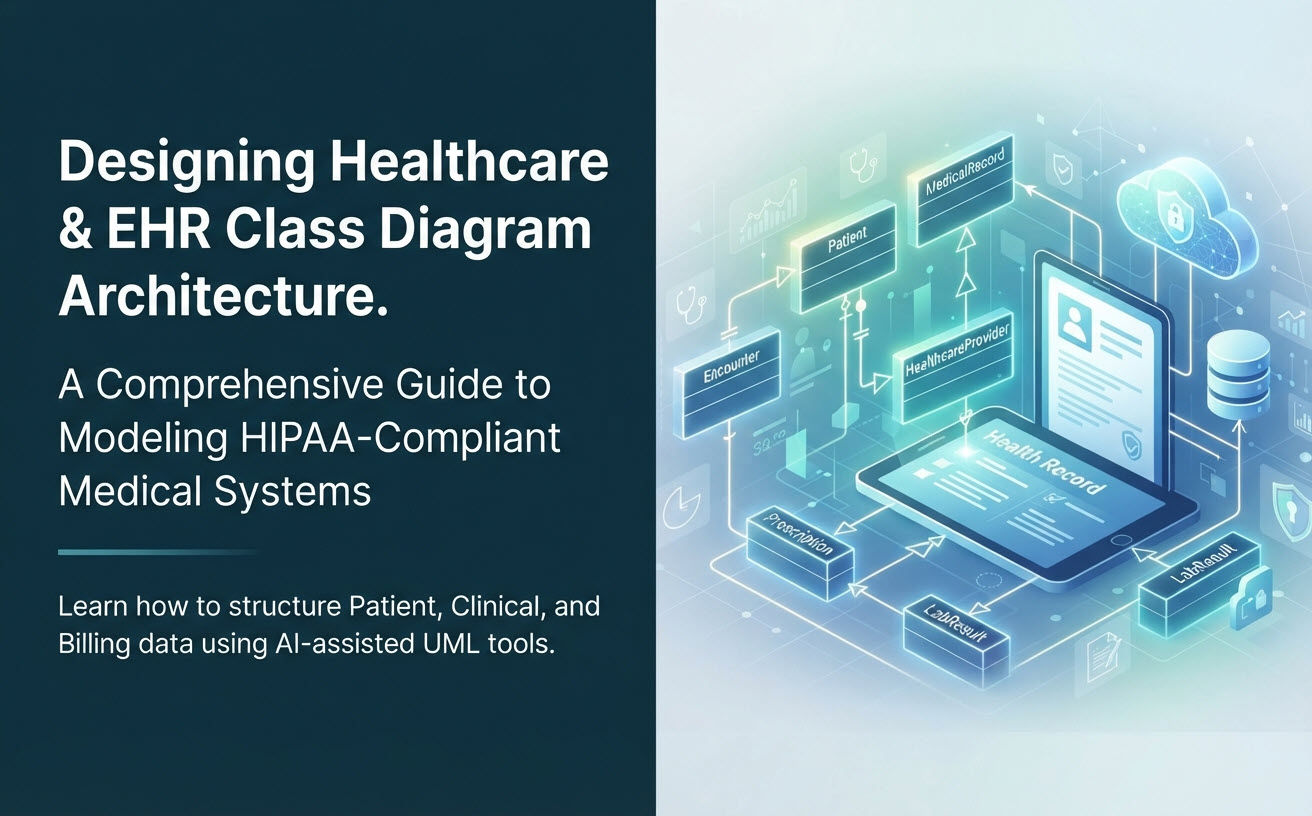 Conceptual diagram of an EHR system architecture showing connected UML classes like Patient, Encounter, and Prescription for HIPAA-compliant medical software design.