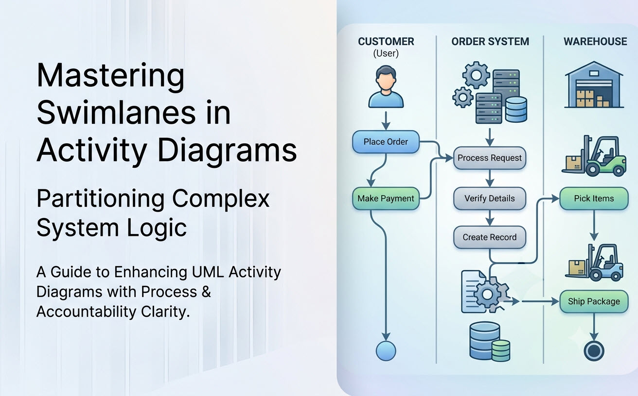 Two-column hero graphic displaying the title "Mastering Swimlanes in Activity Diagrams" alongside a clean UML activity diagram with Customer, Order System, and Warehouse partitions.