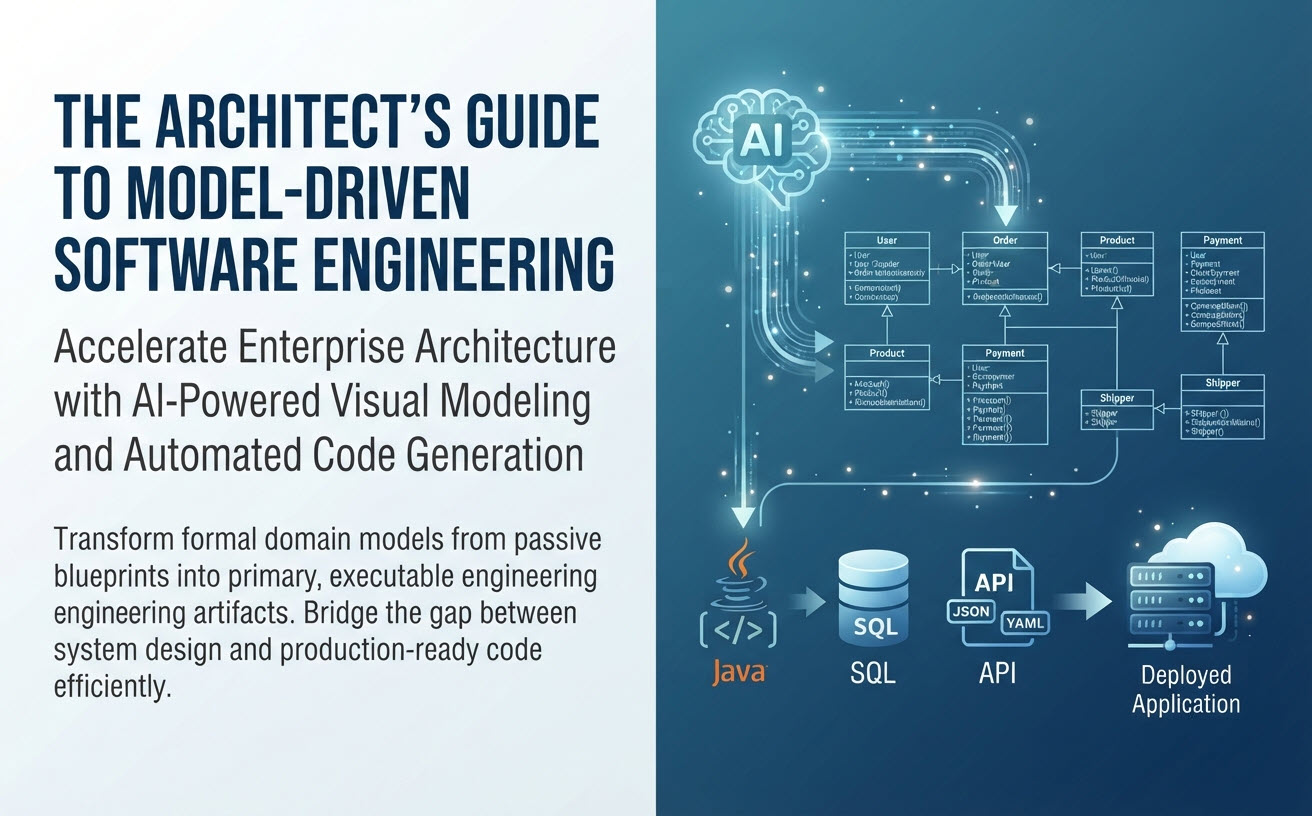 Architect using AI-powered model-driven software engineering to convert UML diagrams into executable code and API documentation.