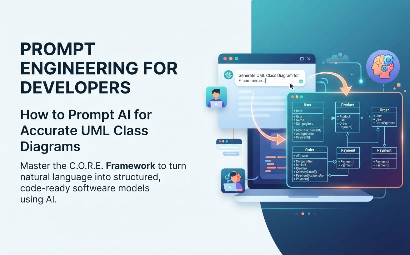 Developer using the C.O.R.E. framework to generate an accurate UML class diagram via AI chatbot.