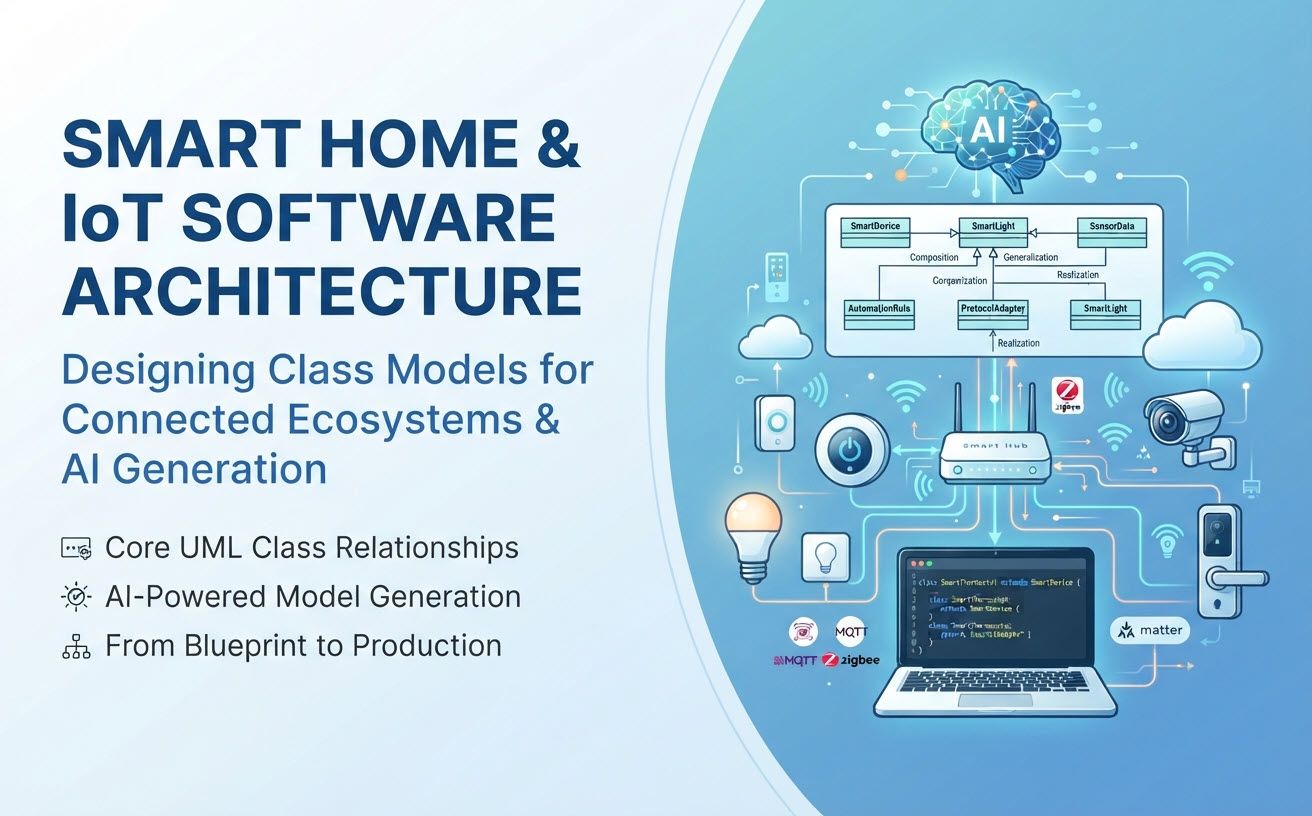Diagram showing smart home and IoT software architecture with UML class models, connected devices, and AI-powered automation workflow.