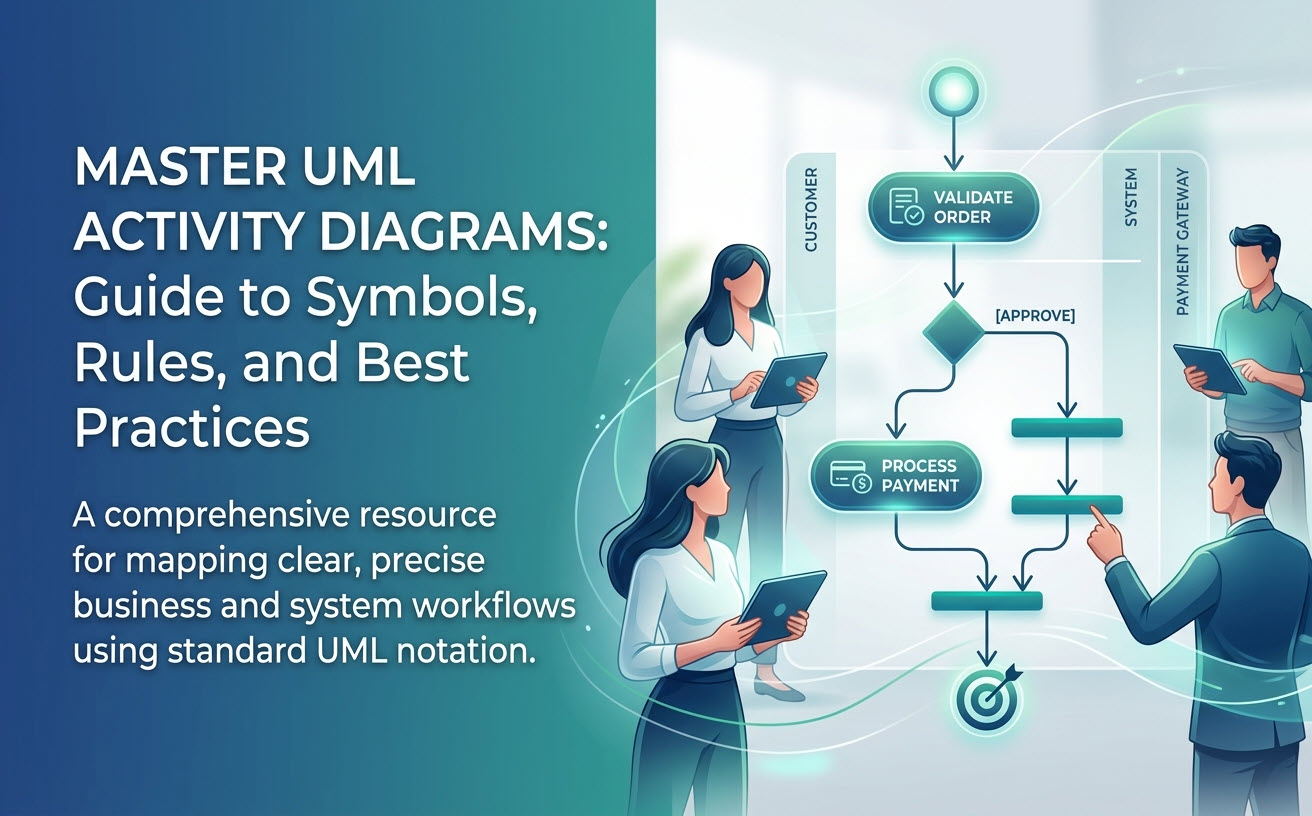 A hero banner graphic for a UML Activity Diagram guide. The left side features the title 'MASTER UML ACTIVITY DIAGRAMS: Guide to Symbols, Rules, and Best Practices' and a descriptive subtitle. The right side shows a visually blended illustration of modern people interacting with and building a stylized UML activity diagram with flowing lines, key symbols like initial/final nodes, action states, a decision node, a fork/join structure, and labeled swimlanes for 'CUSTOMER', 'SYSTEM', and 'PAYMENT GATEWAY' in a deep blue and teal color scheme.