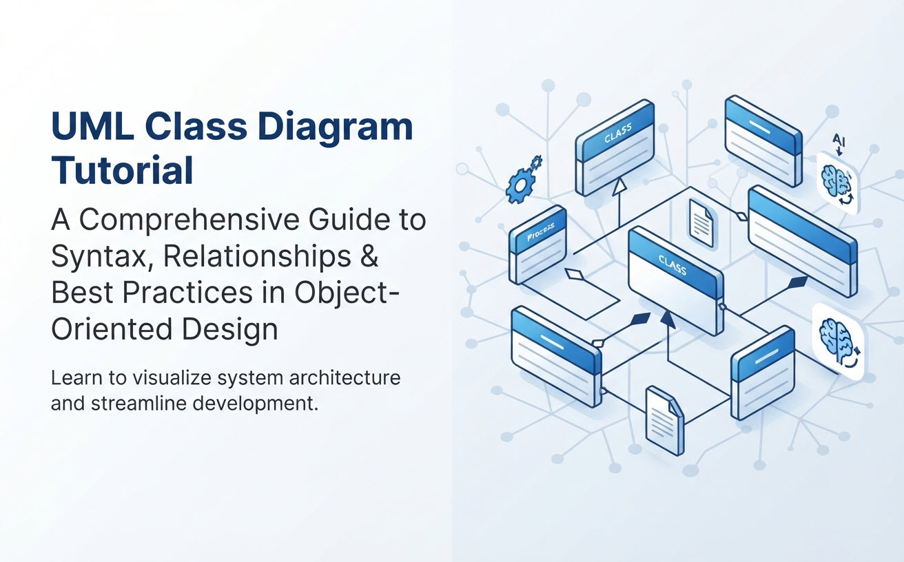 Visual representation of a UML class diagram tutorial, illustrating system architecture classes, relationships, and AI-assisted design concepts.