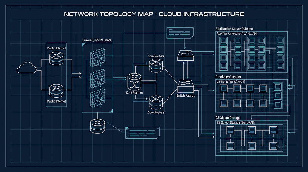 Technical cyberpunk blueprint line-art illustration of network topologies, subnets, and server nodes rendered from Graphviz DOT code