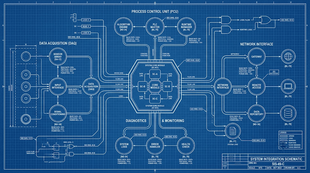 Vintage technical drafting illustration of interconnected nodes and mind map branches rendered from Mermaid code