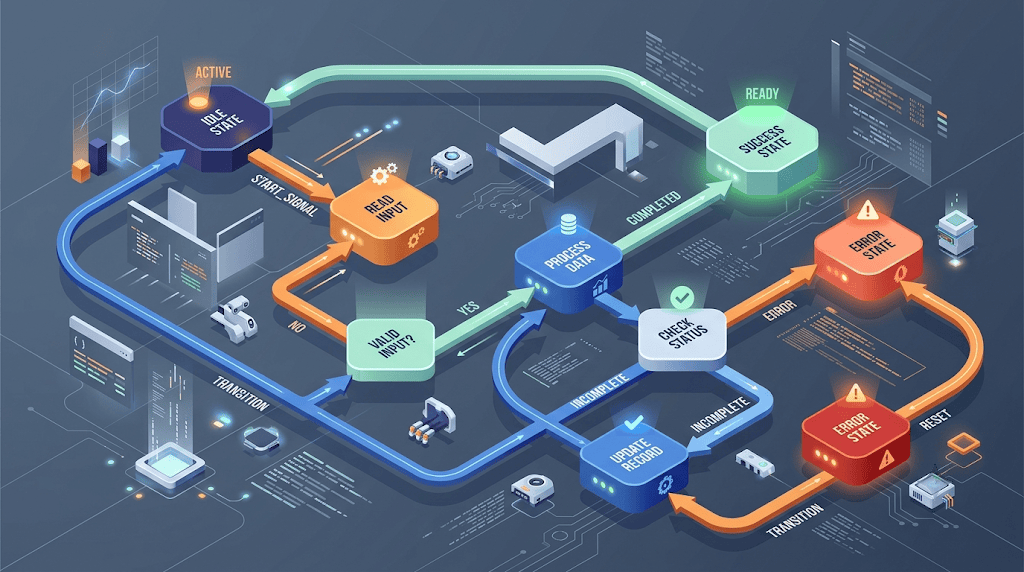 Isometric 3D vector illustration of finite state machine nodes, transition arrows, and logic state flows rendered from Graphviz DOT code