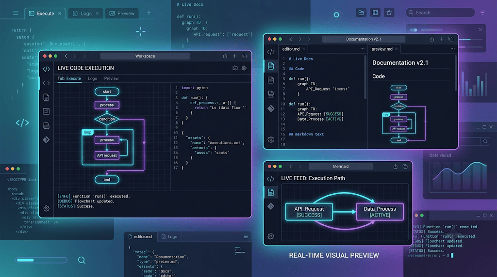 Conceptual isometric illustration of embedding live Mermaid diagrams into Markdown code and developer documentation portals