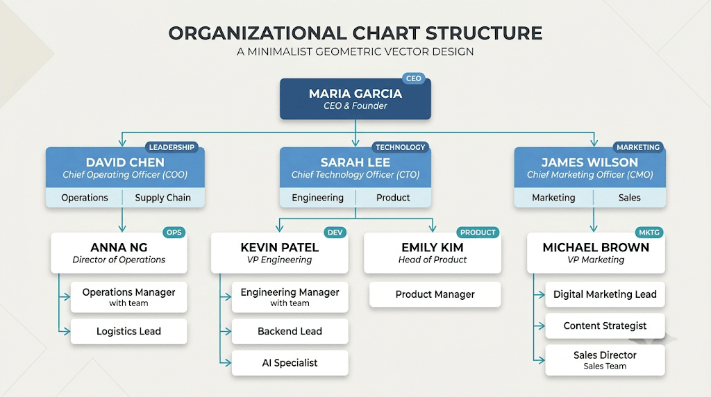 Clean geometric vector organizational chart showing executive roles, departmental management, and reporting lines using Graphviz DOT syntax