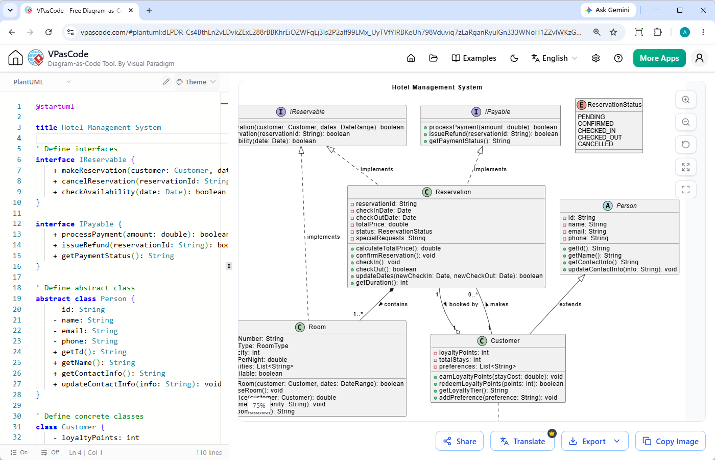 Editing a UML class diagram with Visual Paradigm's VPasCode PlantUML editor