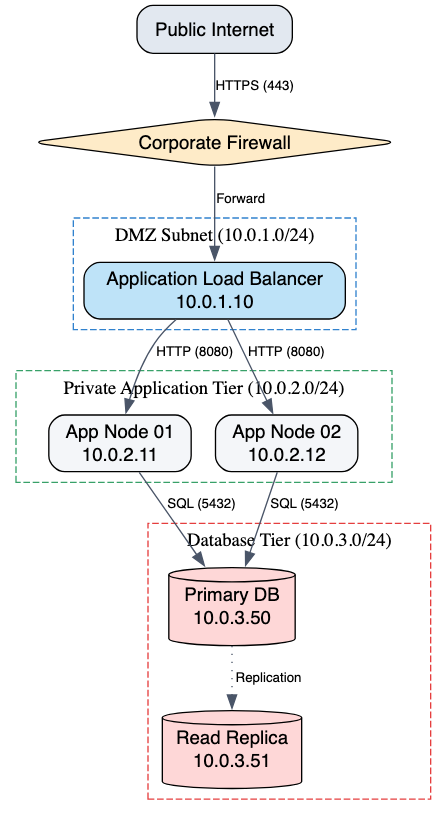 Graphviz DOT code example defining a multi-tier network topology with load balancers, app servers, and database nodes