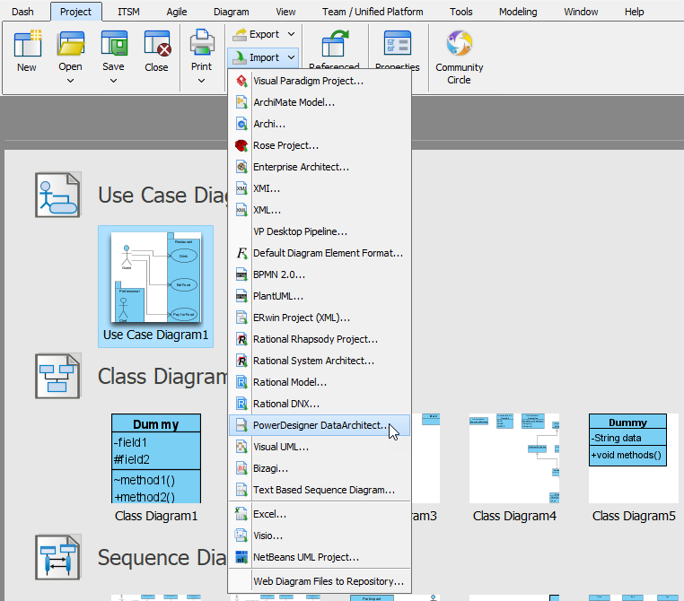 Visual Paradigm Project import menu with PowerDesigner DataArchitect highlighted