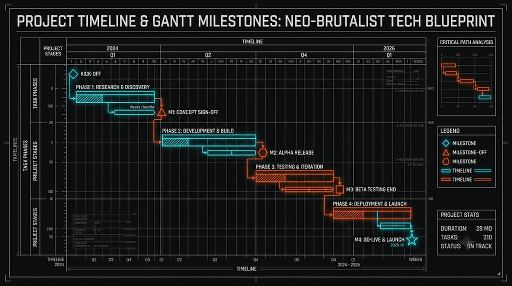 Technical neo-brutalist blueprint illustration of product roadmaps and sprint timelines rendered from Mermaid Gantt code
