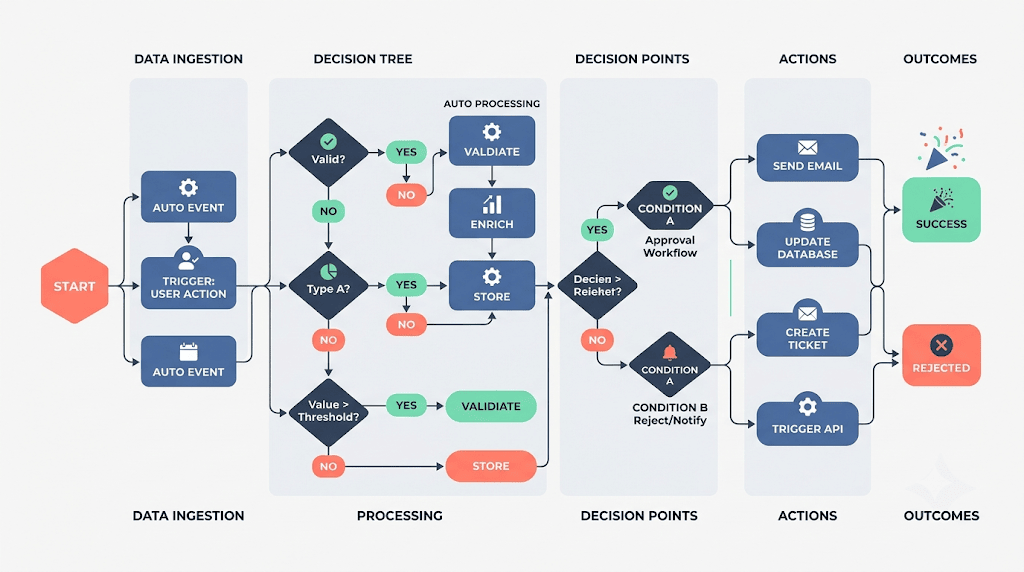 Conceptual flat vector illustration of business logic flowcharts and decision trees rendered from Mermaid code