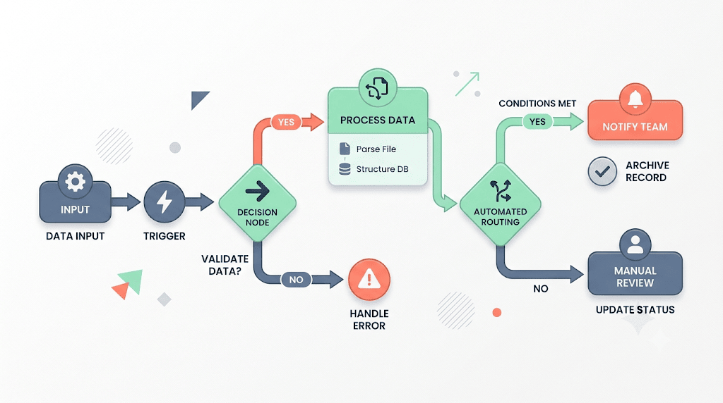 Conceptual flat vector illustration of business logic flowcharts and decision trees rendered from Mermaid code
