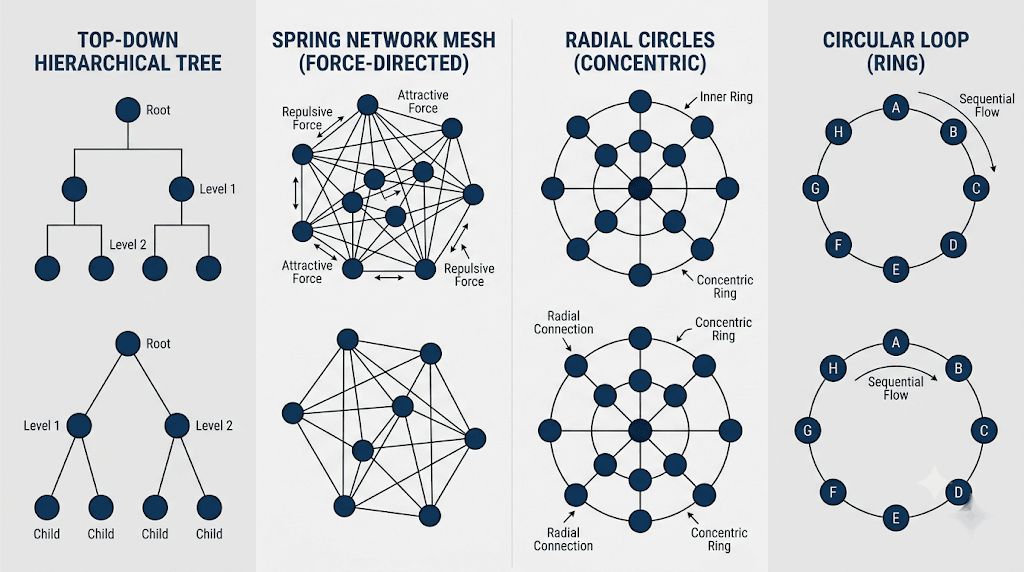 Technical geometric line-art layout illustrating distinct Graphviz layout engine structures