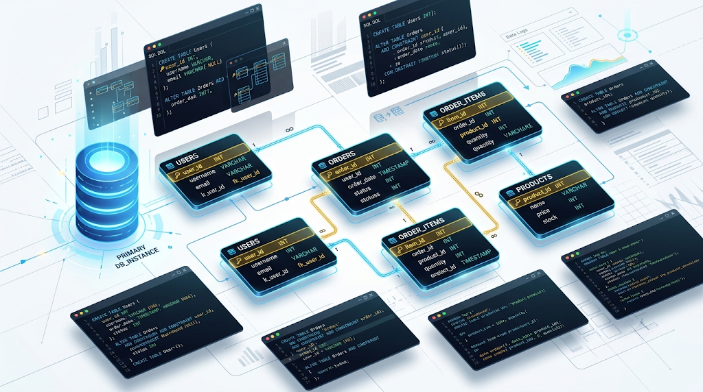 Conceptual isometric illustration of relational database tables and ERD schemas generated from PlantUML text