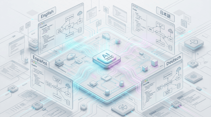 Conceptual isometric illustration of AI diagram translation transforming PlantUML diagrams into multiple languages