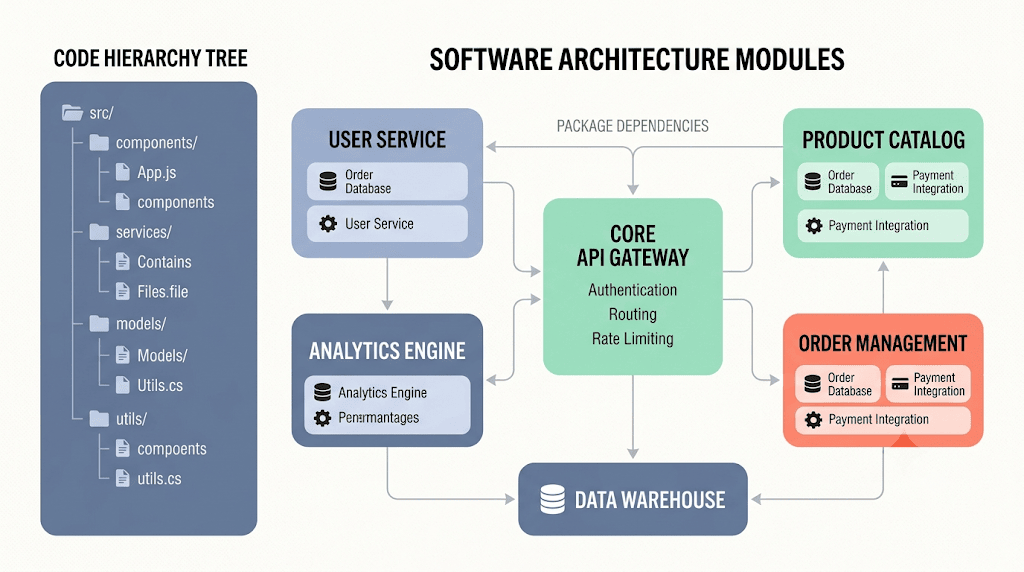 Clean minimalist flat vector illustration of software module nodes, package dependencies, and directional code flow rendered from Graphviz DOT code