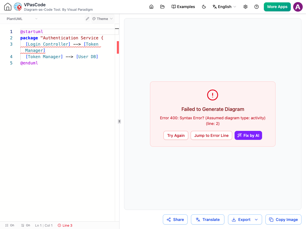 VPasCode editor displaying a PlantUML syntax error message and the 1-Click Fix by AI button